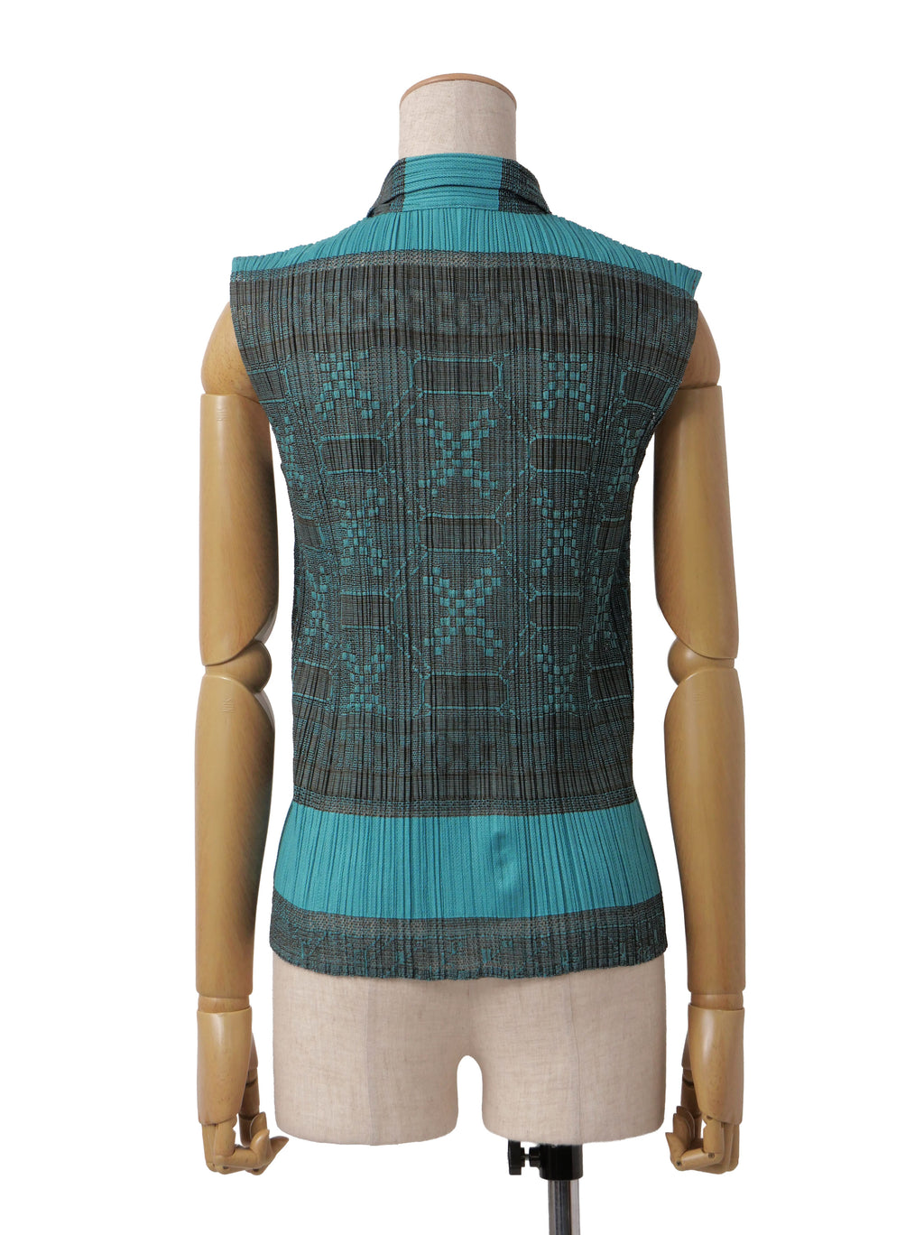 PLEATS PLEASE ISSEY MIYAKE プリーツプリーズ メッシュ ノースリーブブラウス ターコイズ×ブラウン