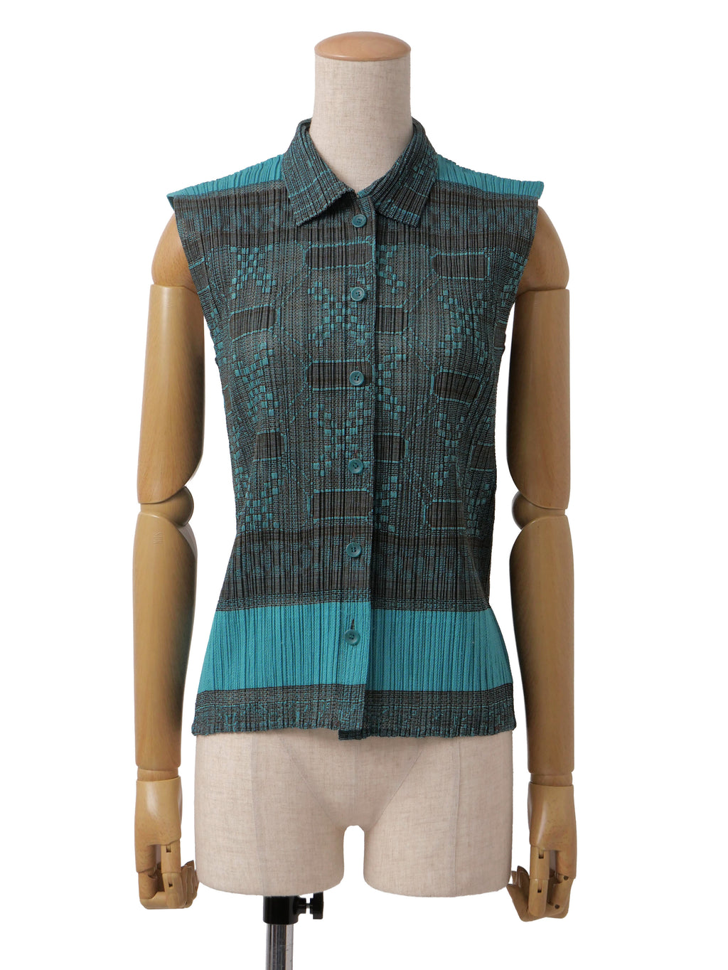 PLEATS PLEASE ISSEY MIYAKE プリーツプリーズ メッシュ ノースリーブブラウス ターコイズ×ブラウン