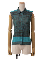 PLEATS PLEASE ISSEY MIYAKE プリーツプリーズ メッシュ ノースリーブブラウス ターコイズ×ブラウン