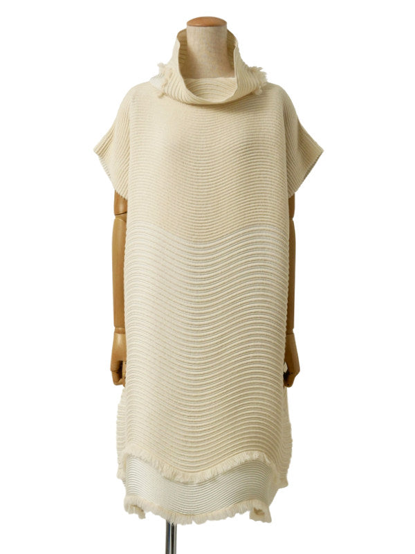 ISSEY MIYAKE イッセイミヤケ プリーツワンピース ニット フリンジ ハイネック 2 アイボリー